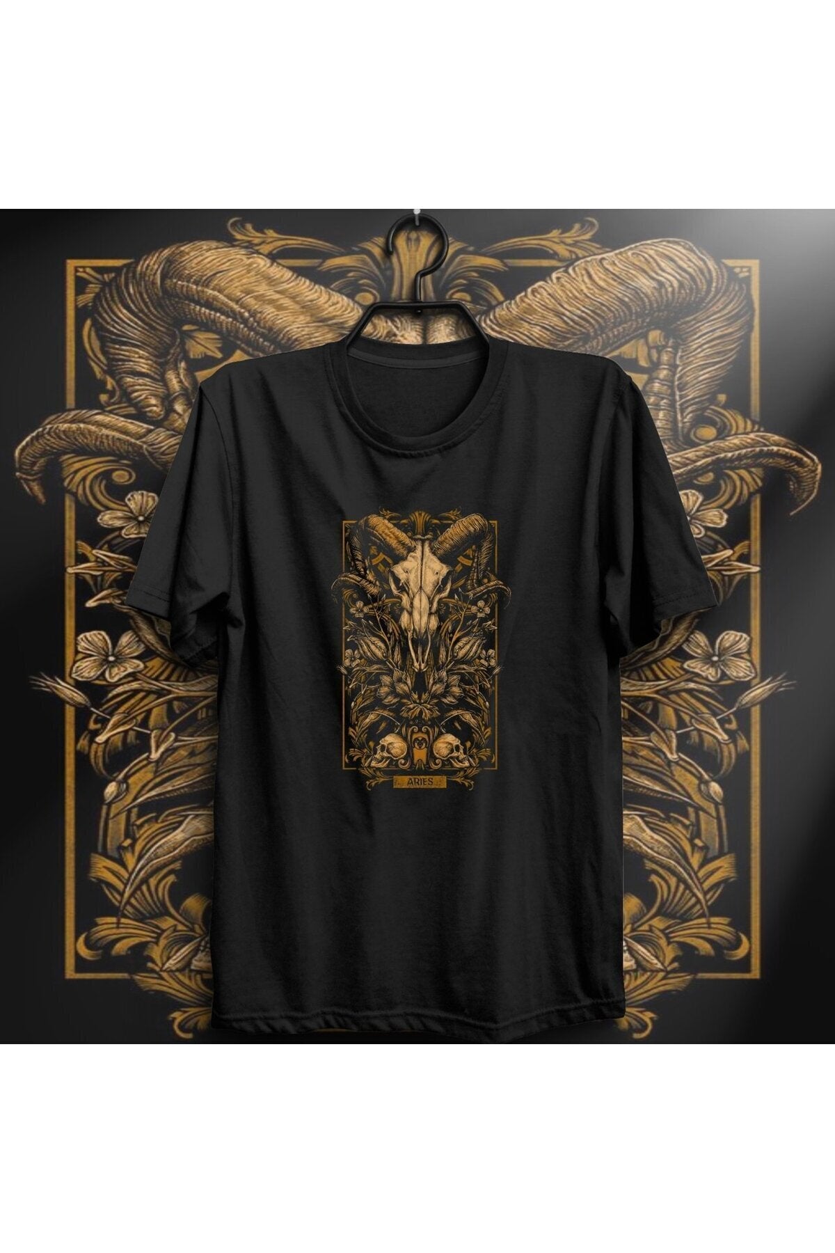 Unisex Siyah Koç Burcu Baskılı T-shirt