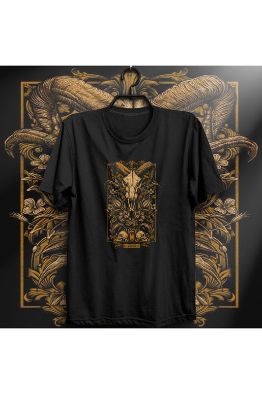 Unisex Siyah Koç Burcu Baskılı T-shirt