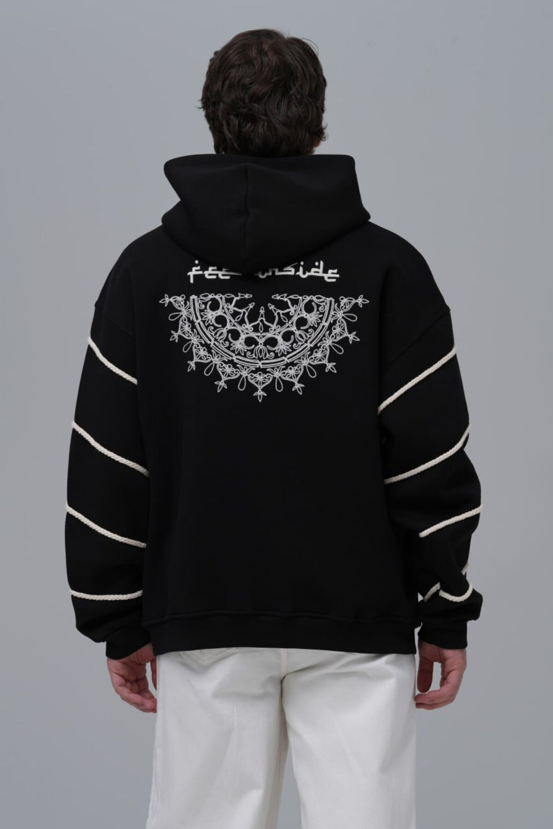 Feel İnside (içinde Hisset) Desenli baskılı siyah kapüşonlu sweatshirt