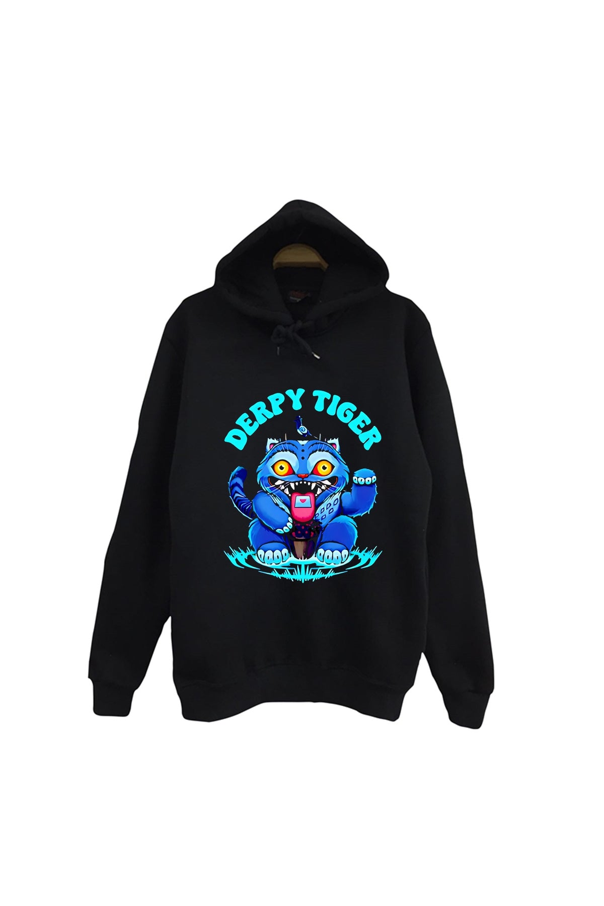 K-Pop Demon Hunters – Derpy Blue Tiger Baskılı Unisex %100 Pamuk Kapüşonlu Siyah Sweatshirt