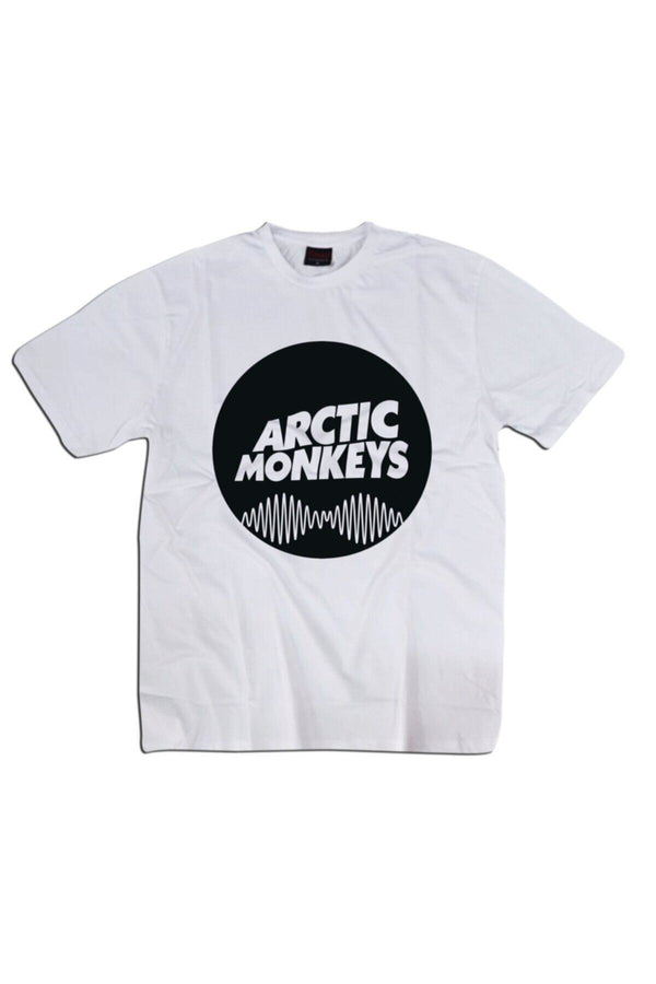 Unisex Beyaz Arctic Monkeys Dairesel ses dalgası logosu baskılı beyaz tişört
