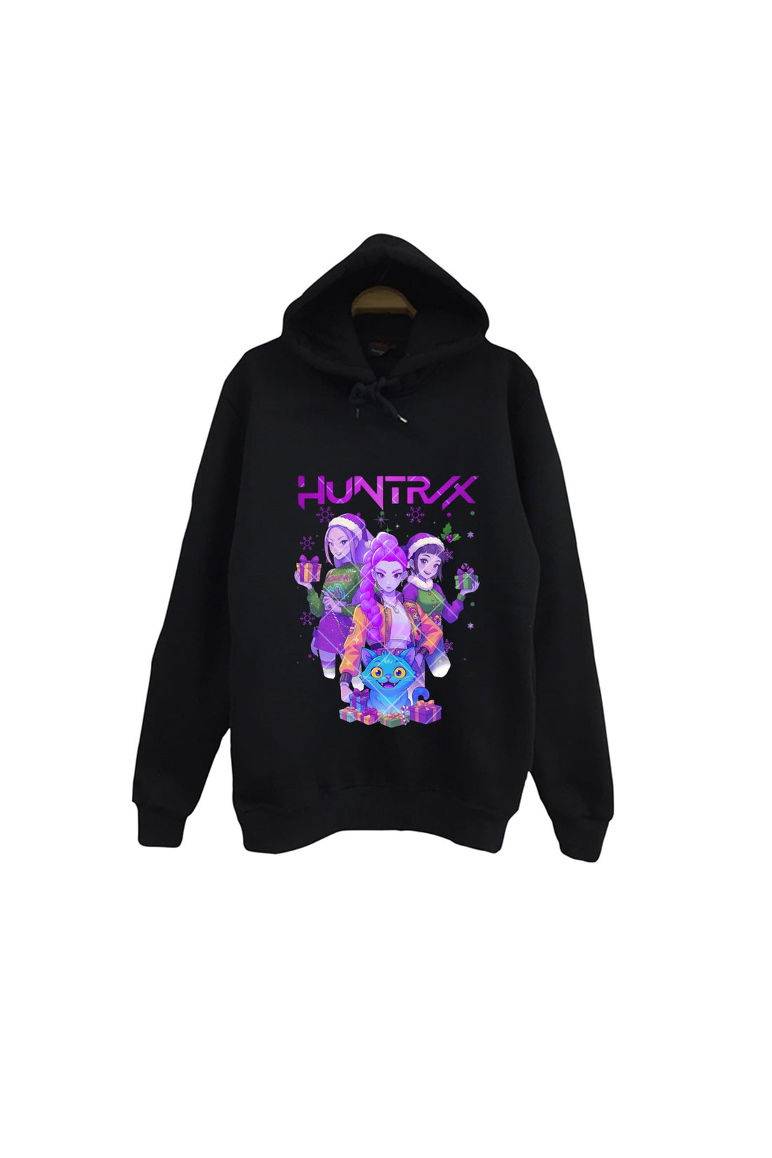K-Pop Demon Hunters - Huntrix - Yılbaşı Baskılı Unisex %100 Pamuk Kapüşonlu Sweatshirt – Siyah