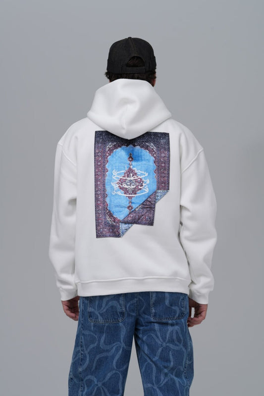 Arapça - Halı - Motif Desenli Baskılı,Nakışlı %100 Pamuk Kapüşonlu Beyaz Sweatshirt