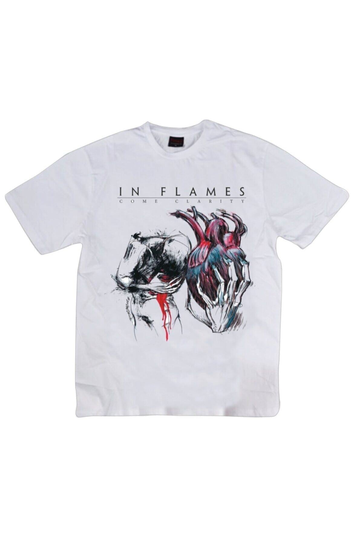 In Flames Baskılı Unisex %100 Pamuk Beyaz T-shirt