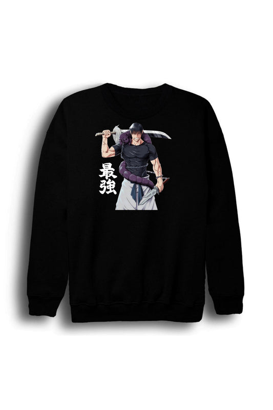 Jujutsu Kaisen - Toji Fushiguro - Anime Baskılı Unisex %100 Pamuk Siyah Bisiklet Yaka Sweatshirt