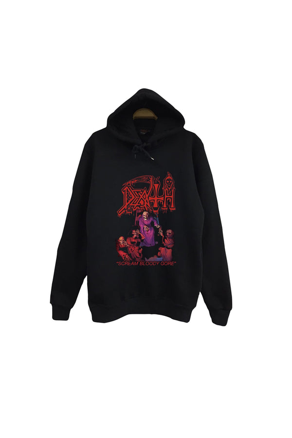 Death Kırmızı tonlu albüm kapağı baskılı siyah kapüşonlu sweatshirt