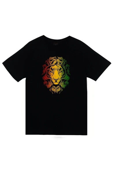 fame-stoned  Aslan, Hayvan Baskılı Unisex %100 Pamuk Siyah T-shirt
