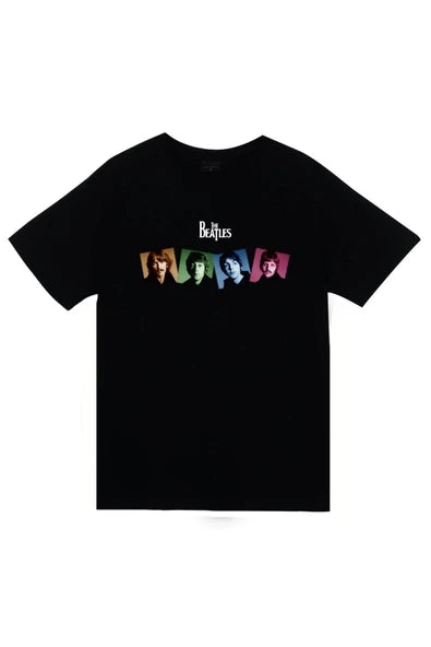 The Beatles Logosu ve renkli harf baskılı siyah tişört