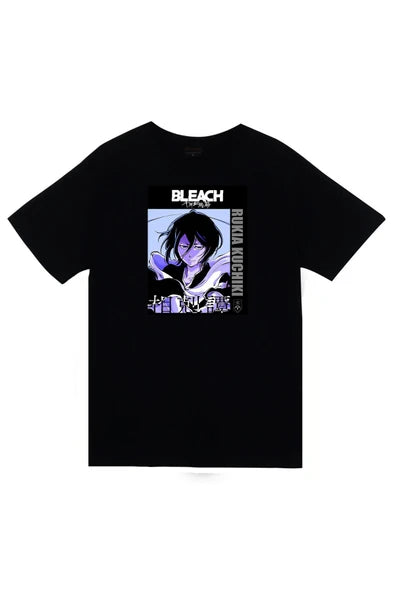fame-stoned  Bleach Rukia Kuchiki Anime Baskılı Unisex %100 Pamuk Siyah T-shirt