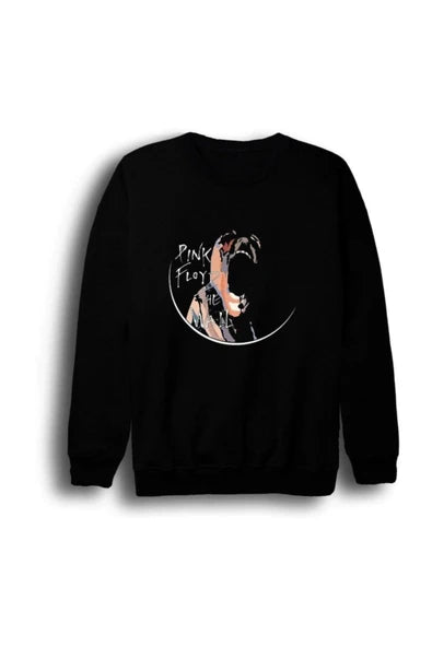 Pink Floyd Hilal icinde ciglik atan baskılı siyah sweatshirt