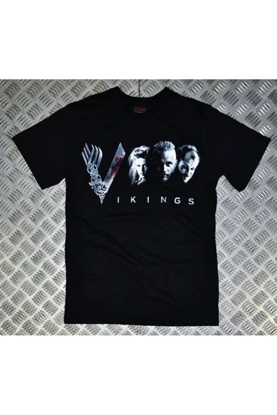 fame-stoned  Vikings Baskılı Unisex %100 Pamuk Siyah T-shirt