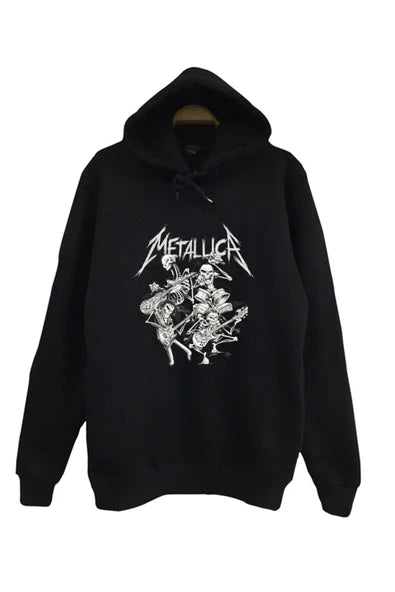 Metallica Logosu ve iskeletli çizgi baskılı siyah kapüşonlu sweatshirt