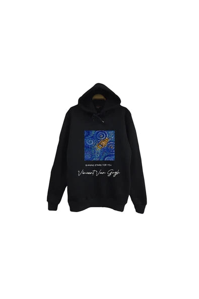 fame-stoned Vincent Van Gogh Baskılı Unisex %100 Pamuk Siyah Kapüşonlu Sweatshirt