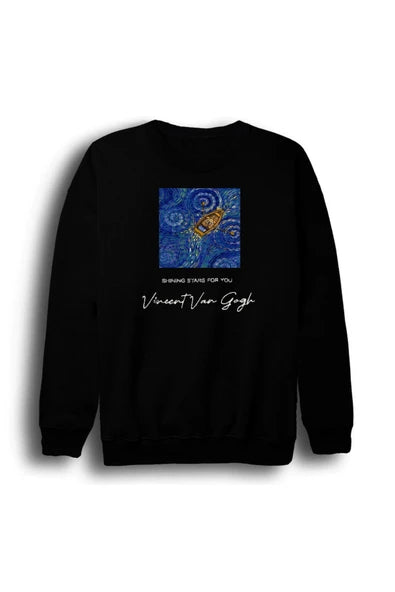 fame-stoned Vincent Van Gogh Baskılı Unisex %100 Pamuk Siyah Bisiklet Yaka Sweatshirt