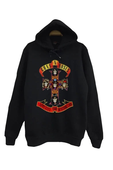 Guns N Roses Appetite for Destruction' haç baskılı siyah kapüşonlu sweatshirt