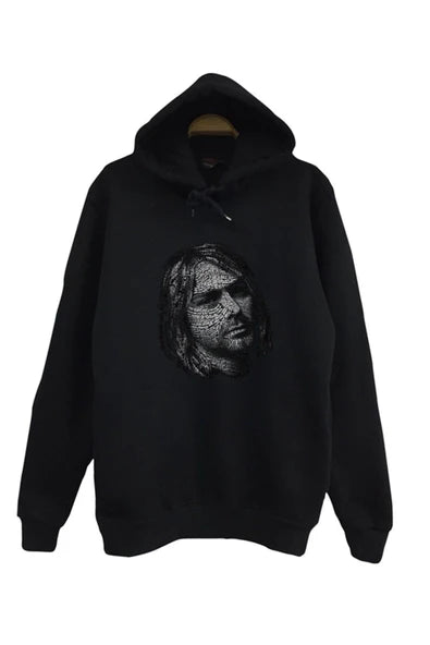 Nirvana-kurt Cobain cizgisel baskılı siyah kapüşonlu sweatshirt