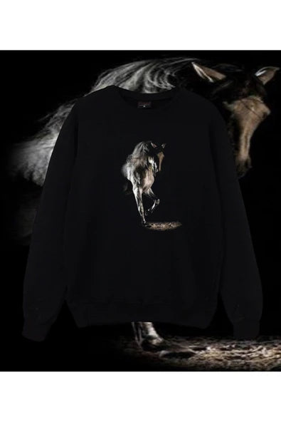 Rose Şaha kalkmış siyah at baskılı siyah sweatshirt