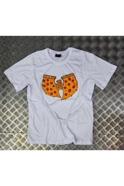 Wu-tang Clan Logosu pizza dokulu versiyonu baskılı beyaz tişört