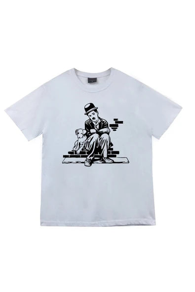 fame-stoned  Unisex Gri Charlie Chaplin Baskılı T-shirt