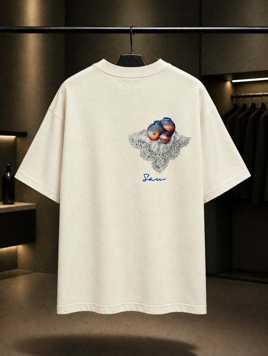 Nar ve Dantel Oversize Tişört – Krem arka