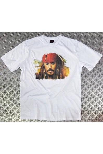 fame-stoned  Karayip Korsanları Film Jack Sparrow Karakter Baskılı Unisex %100 Pamuk Beyaz T-shirt