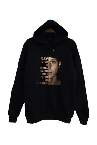 Nf Yari karanlik erkek yüzü baskılı siyah kapüşonlu sweatshirt