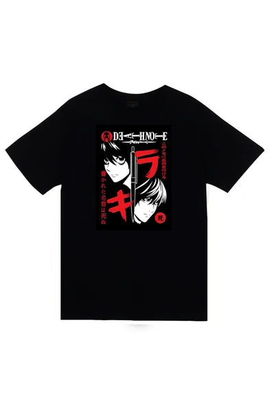 Death Note Anime L ve Japonca katakana baskılı siyah tişört