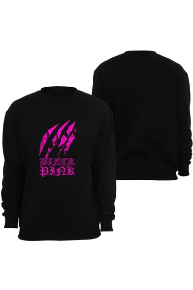 Blackpink ( Kpop , Black Pink ) Pembe pençe izi baskılı siyah sweatshirt