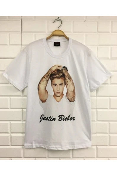 fame-stoned  Justin Bieber Baskılı Unisex %100 Pamuk Beyaz T-shirt