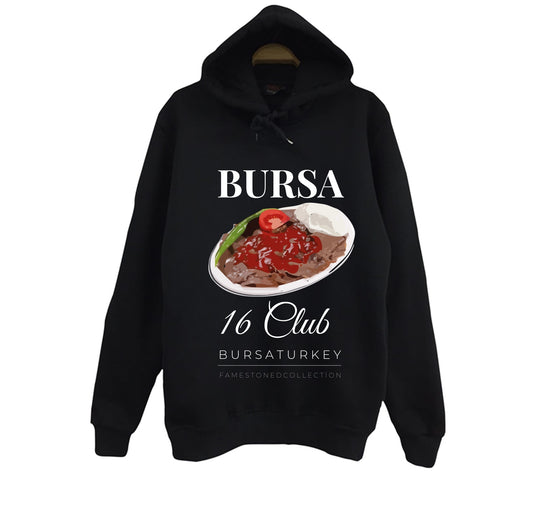 Bursa - 16 - Uludağ - İskender - Şehir Baskılı Unisex %100 Pamuk Siyah Kapüşonlu Sweatshirt