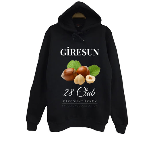 Giresun - 28 - Fındık - Ada - Şehir Baskılı Unisex %100 Pamuk Siyah Kapüşonlu Sweatshirt