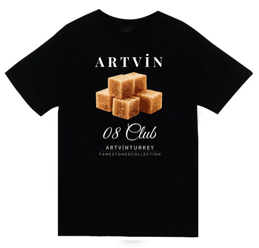 Artvin - 08 - Küp Şekeri - Şehir Baskılı Unisex %100 Pamuk Siyah T-shirt