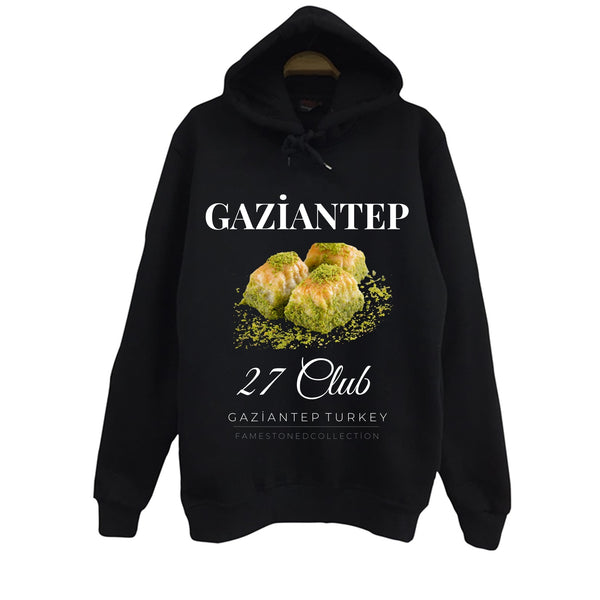 Gaziantep - 27 - Baklava - Antep Fıstığı baskılı siyah kapüşonlu sweatshirt
