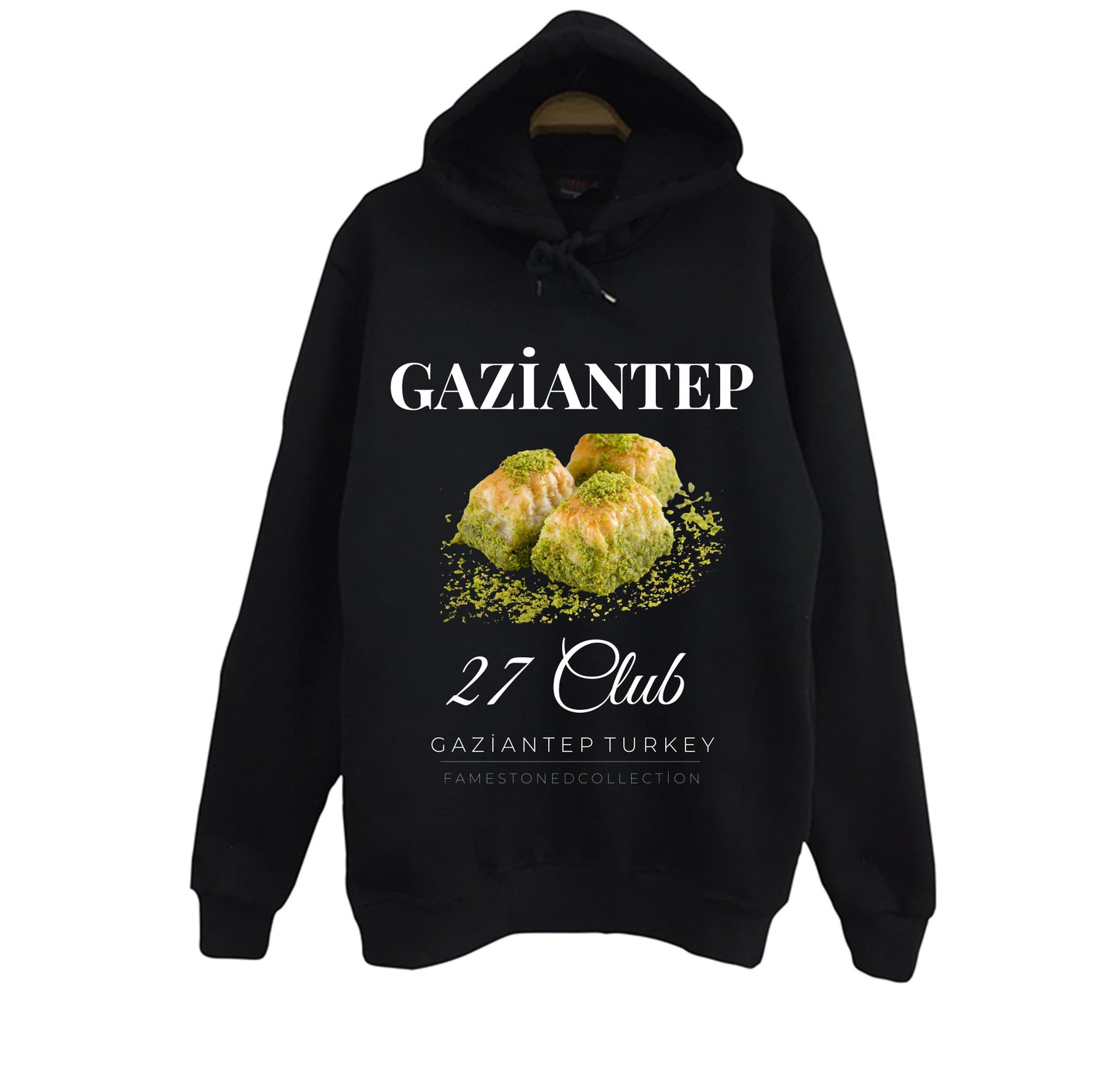 Gaziantep - 27 - Baklava - Antep Fıstığı Baskılı Unisex %100 Pamuk Siyah Kapüşonlu Sweatshirt