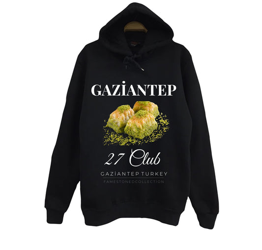 Gaziantep - 27 - Baklava - Antep Fıstığı Baskılı Unisex %100 Pamuk Siyah Kapüşonlu Sweatshirt