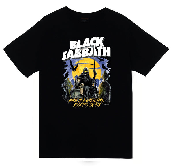 Black Sabbath Mezarlıkta azrail figürü Born baskılı siyah tişört