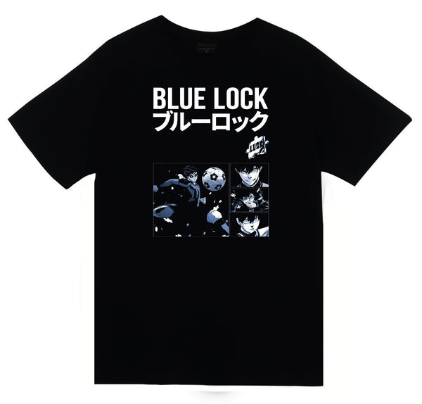 Blue Lock Anime Yoichi Isagi mavi kare baskılı siyah tişört