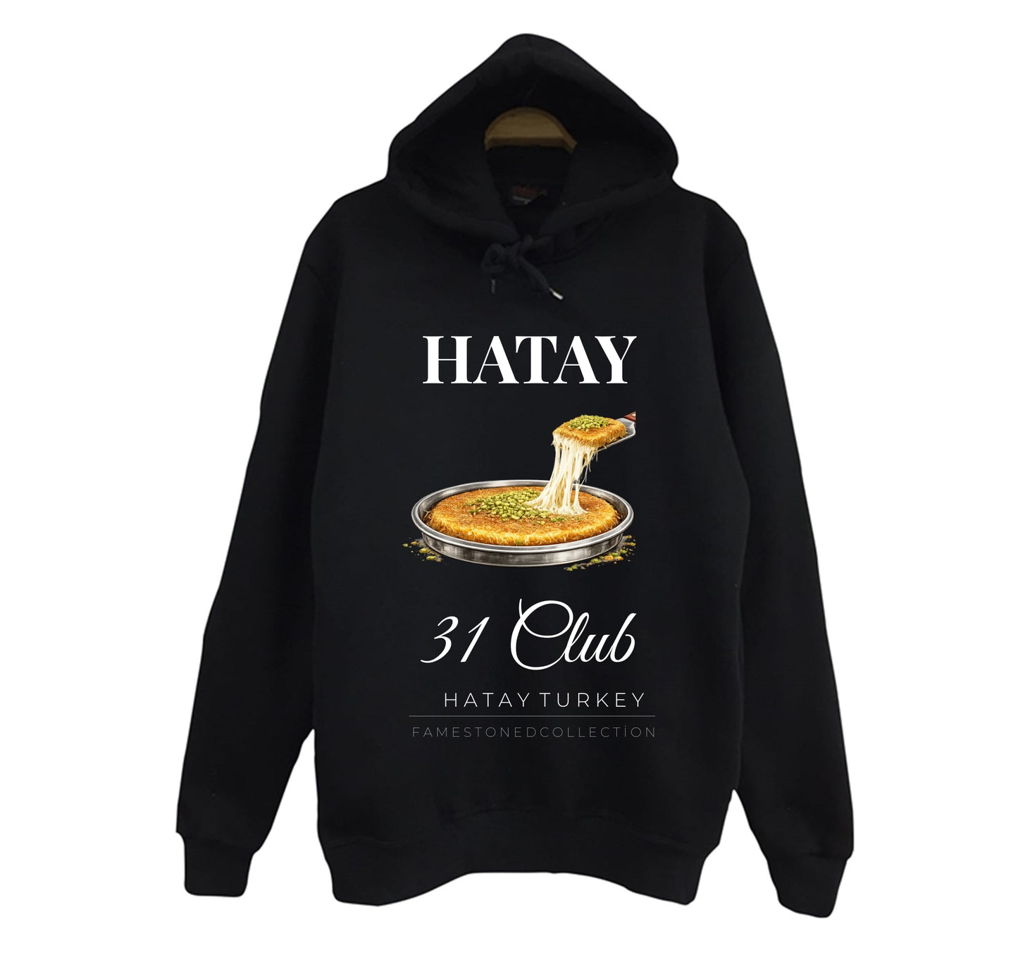 Hatay - 31 - Künefe - Mozaik - Şehir Baskılı Unisex %100 Pamuk Siyah Kapüşonlu Sweatshirt