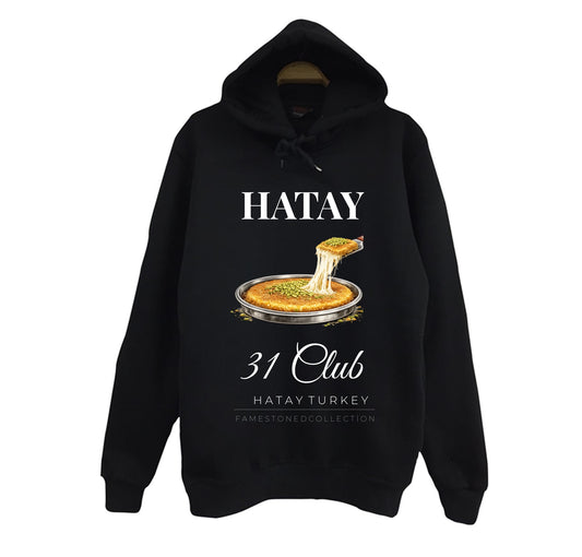 Hatay - 31 - Künefe - Mozaik - Şehir Baskılı Unisex %100 Pamuk Siyah Kapüşonlu Sweatshirt