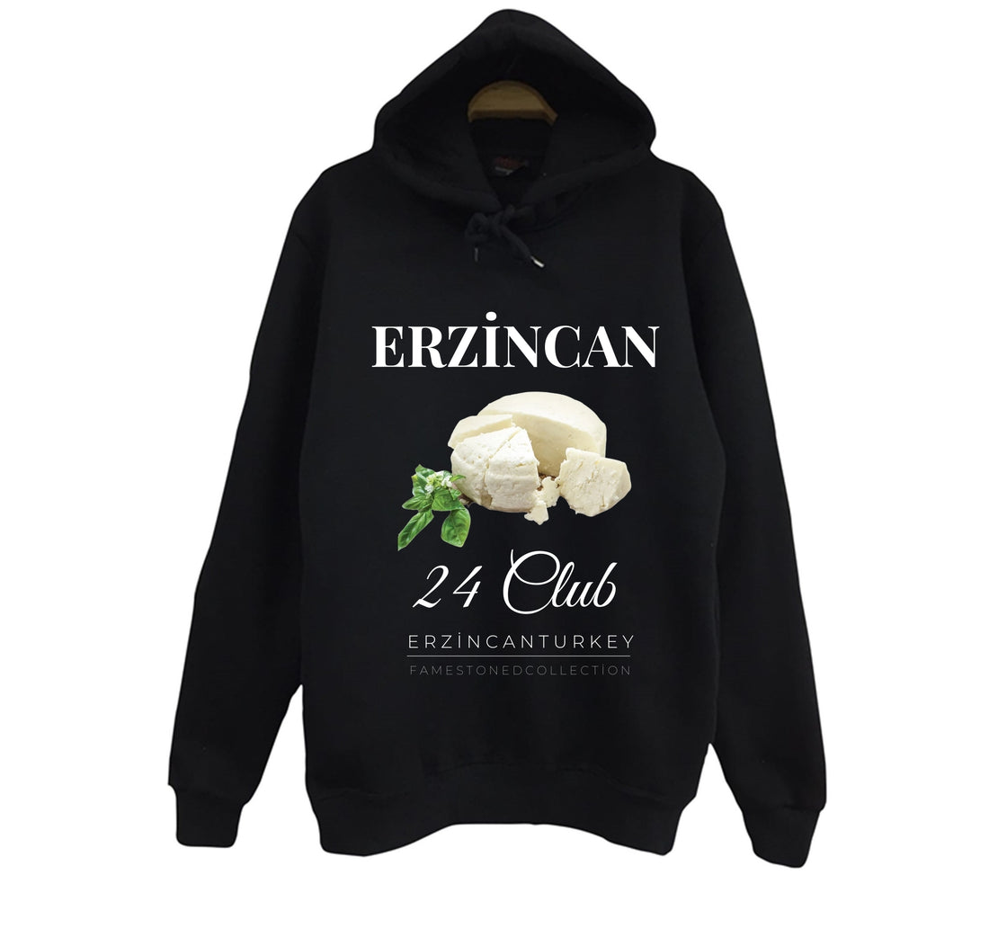Erzincan 24 Tulum Peyniri Girlevik Şehir baskılı siyah kapüşonlu sweatshirt