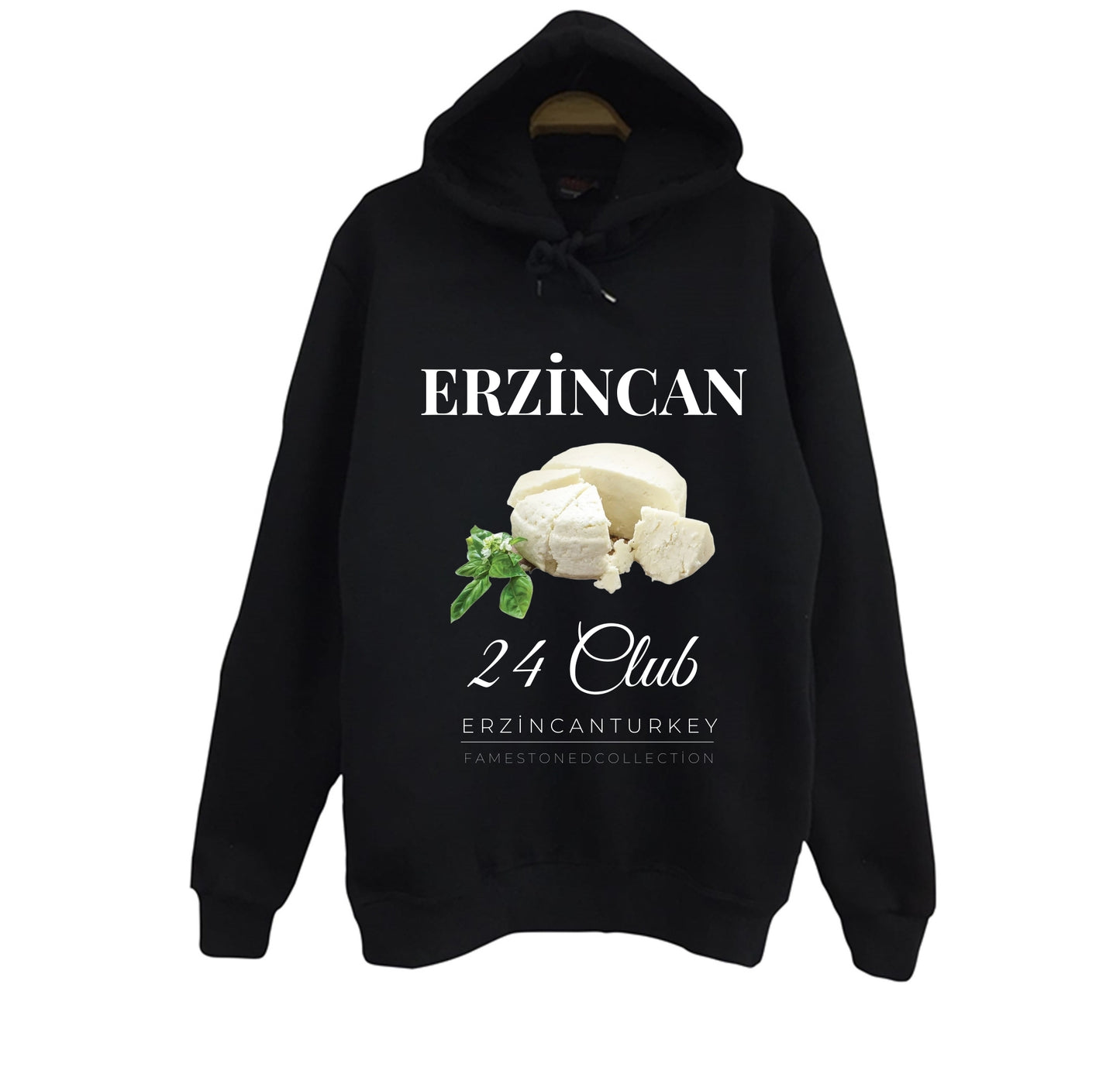 Erzincan 24 Tulum Peyniri Girlevik Şehir Baskılı Unisex %100 Pamuk Siyah Kapüşonlu Sweatshirt
