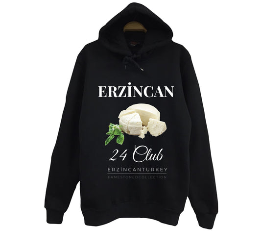 Erzincan 24 Tulum Peyniri Girlevik Şehir Baskılı Unisex %100 Pamuk Siyah Kapüşonlu Sweatshirt