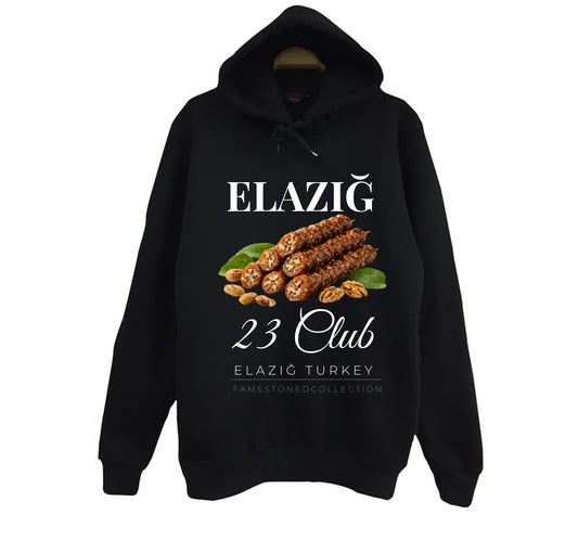 Elazığ - 23 - Harput - Orcik - Şehir Baskılı Unisex %100 Pamuk Siyah Kapüşonlu Sweatshirt