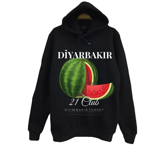 Diyarbakır - 21 - Surlar - Karpuz - Şehir Baskılı Unisex %100 Pamuk Siyah Kapüşonlu Sweatshirt