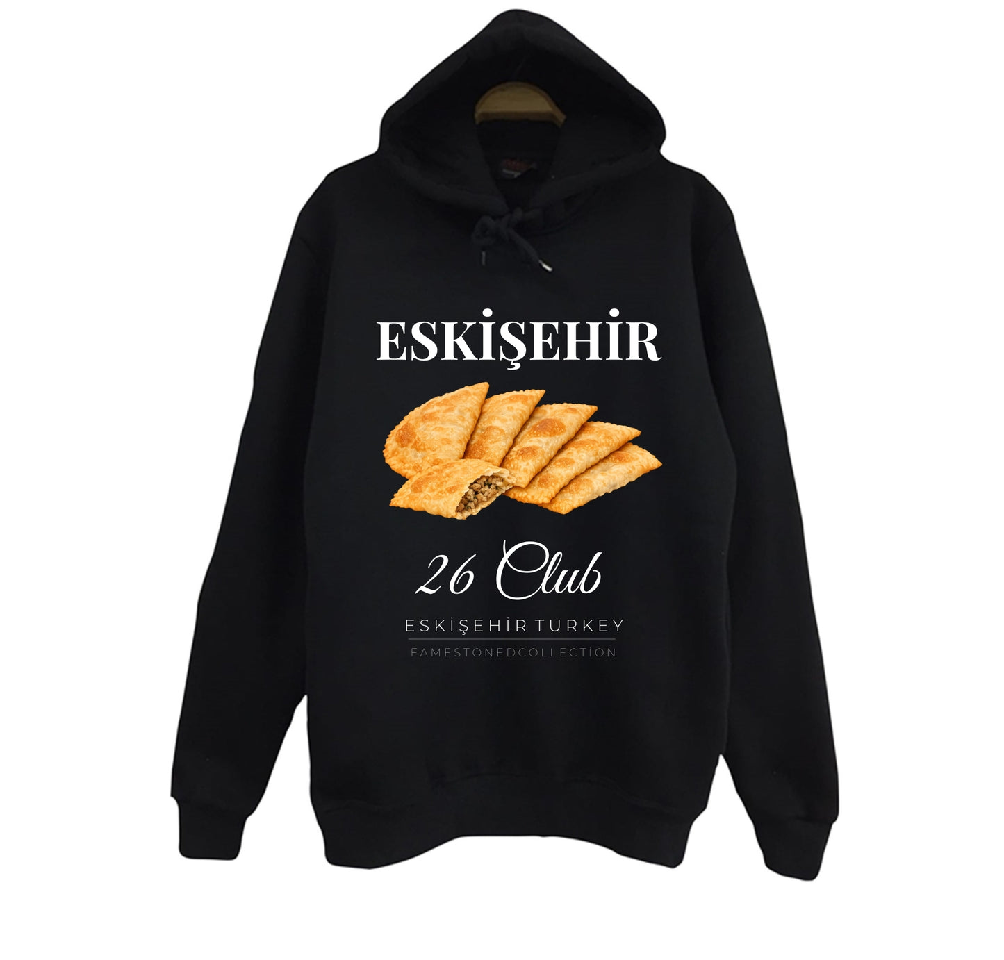 Eskişehir 26 Odunpazarı - Lületaşı - Şehir Baskılı Unisex %100 Pamuk Siyah Kapüşonlu Sweatshirt