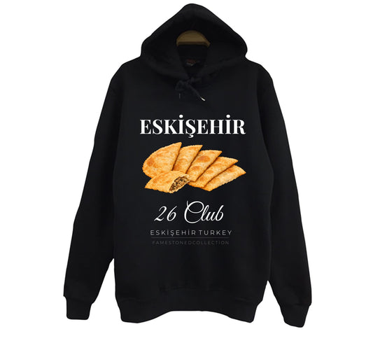 Eskişehir 26 Odunpazarı - Lületaşı - Şehir Baskılı Unisex %100 Pamuk Siyah Kapüşonlu Sweatshirt
