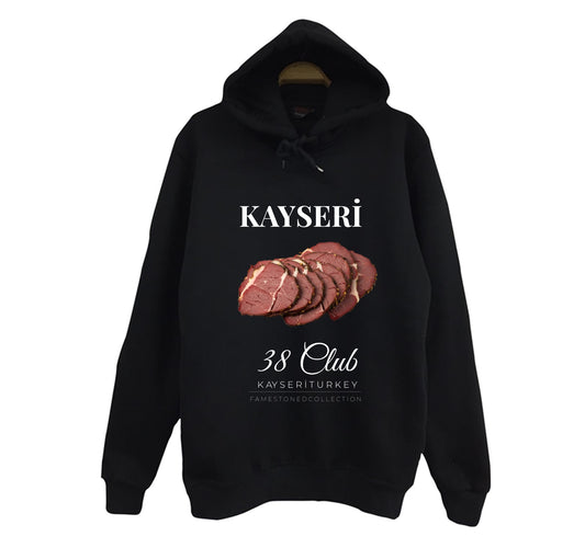 Kayseri 38 Erciyes Dağı Pastırma Şehir Baskılı Unisex %100 Pamuk Siyah Kapüşonlu Sweatshirt