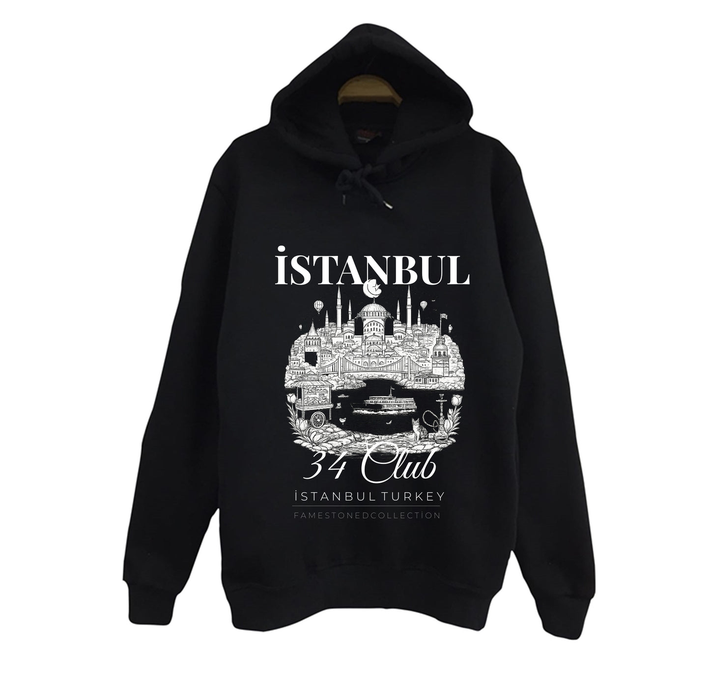İstanbul 34 Boğaz Ayasofya Galata - Şehir Baskılı Unisex %100 Pamuk Siyah Kapüşonlu Sweatshirt