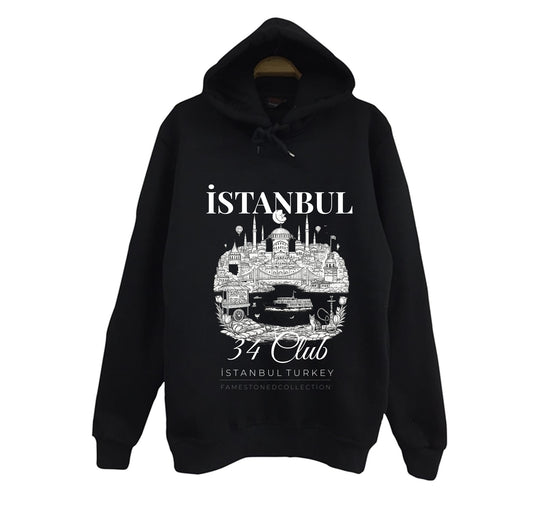 İstanbul 34 Boğaz Ayasofya Galata - Şehir Baskılı Unisex %100 Pamuk Siyah Kapüşonlu Sweatshirt