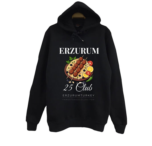 Erzurum 25 Palandöken - Cağ Kebabı - Şehir Baskılı Unisex %100 Pamuk Siyah Kapüşonlu Sweatshirt